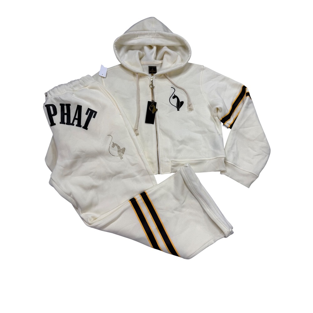 Baby Phat Tracksuit Women 3X Cream New Y2K Rhinestone Logo Hoodie Sweatpants Set